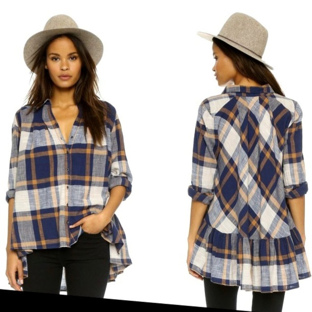 Free People Peppy in Plaid Shirt Size Small Ruffle Hem Button Front Cotton Boho